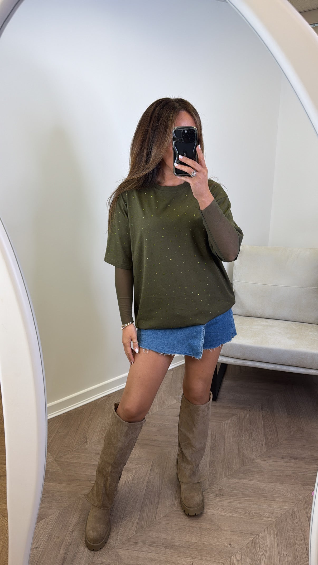 JESSICA khaki jewel mesh sleeve t-shirt