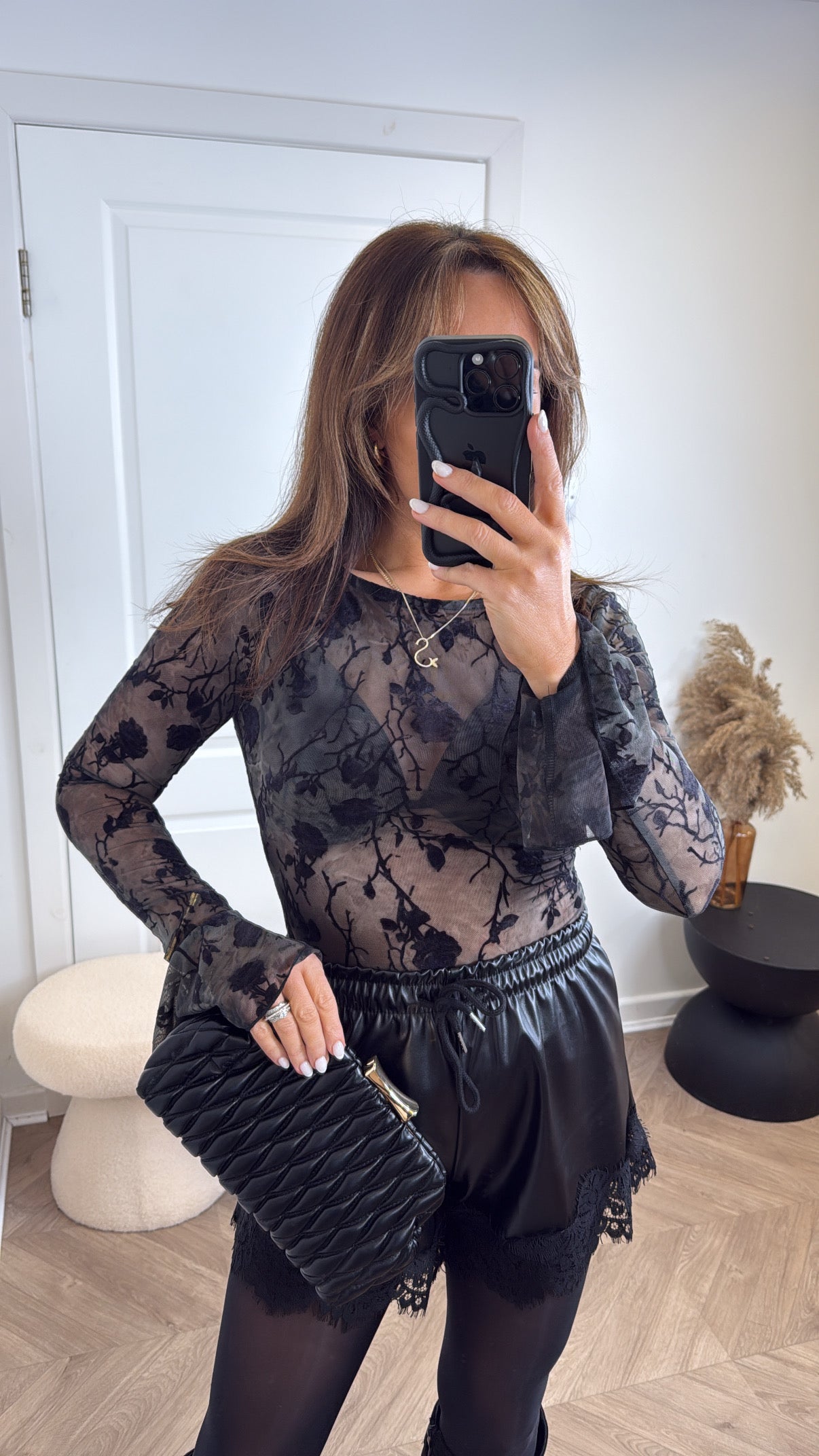 PARKER black mesh floral bodysuit