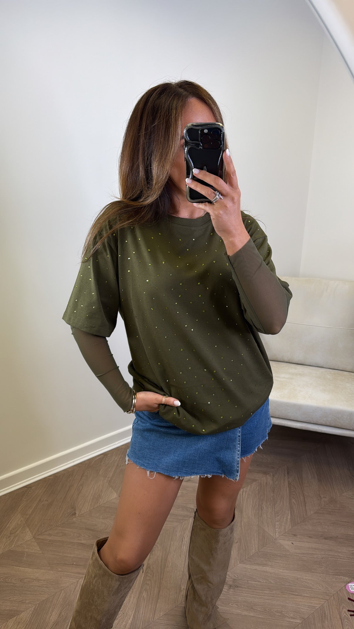 JESSICA khaki jewel mesh sleeve t-shirt