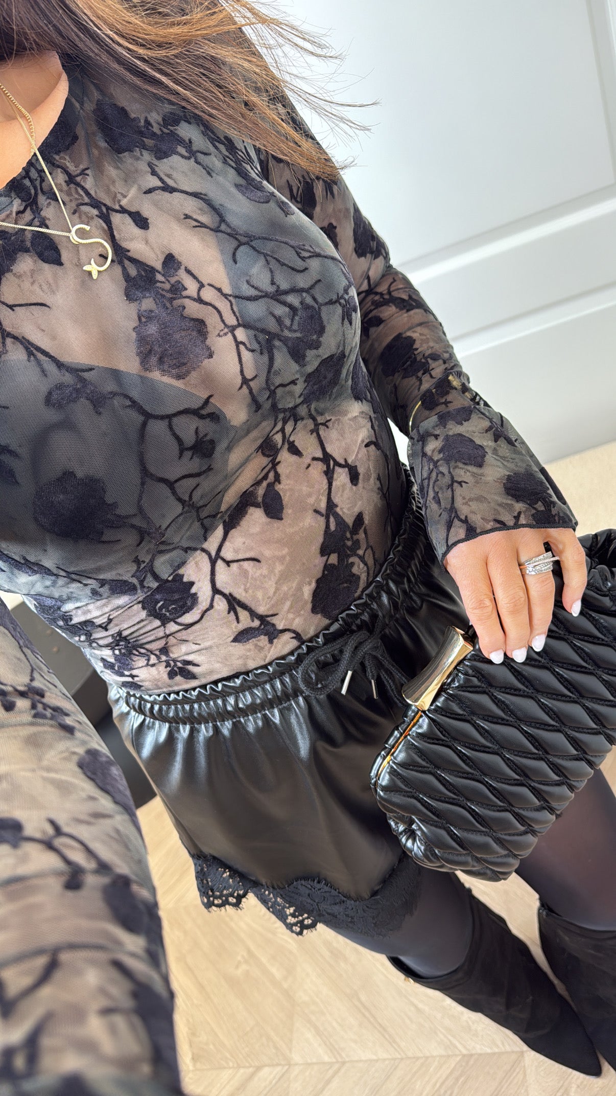 PARKER black mesh floral bodysuit