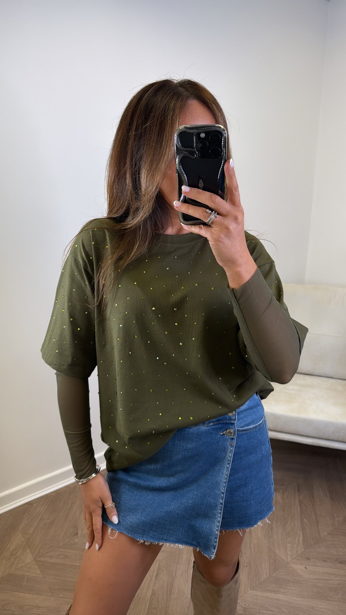 JESSICA khaki jewel mesh sleeve t-shirt