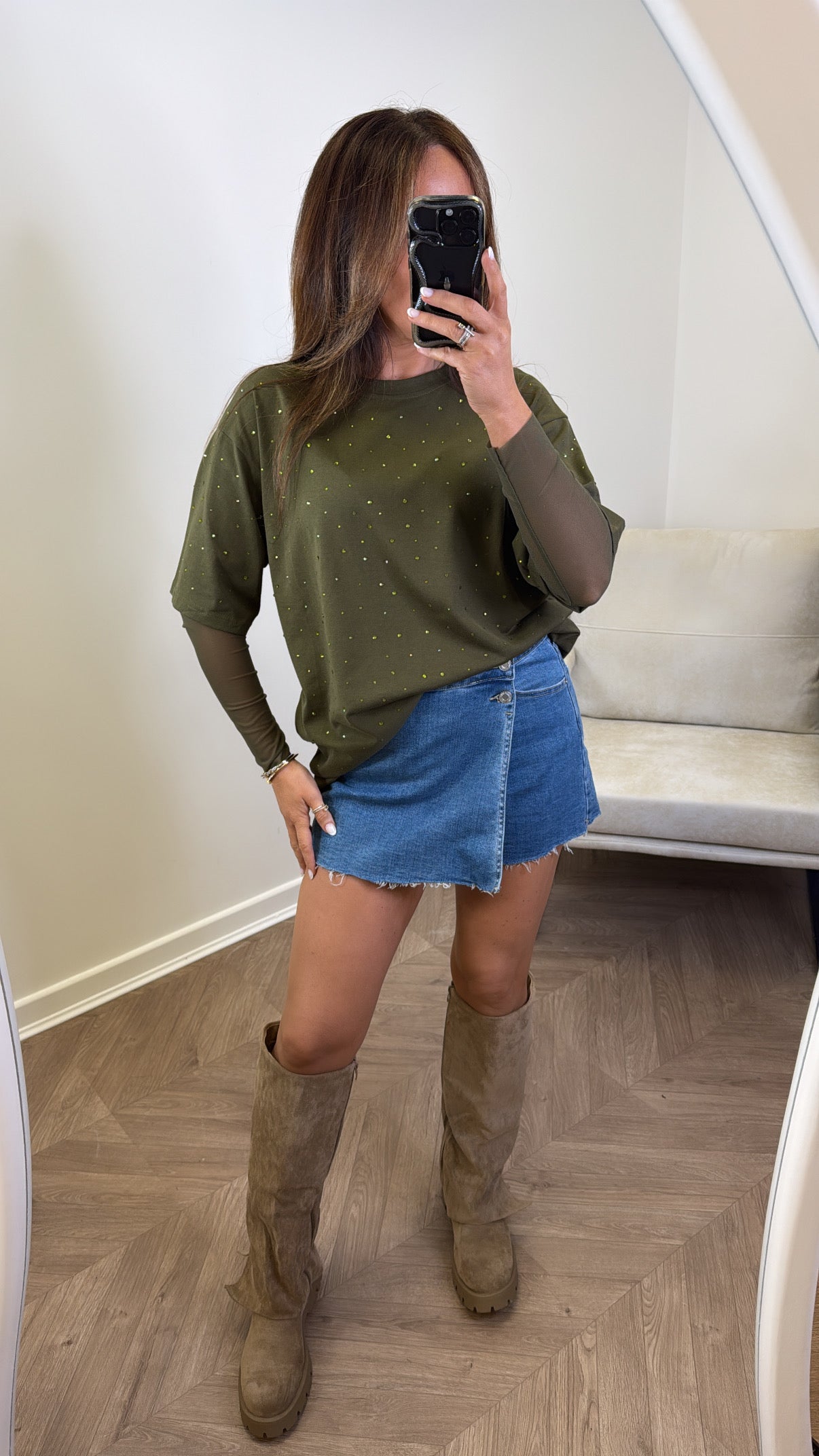 JESSICA khaki jewel mesh sleeve t-shirt