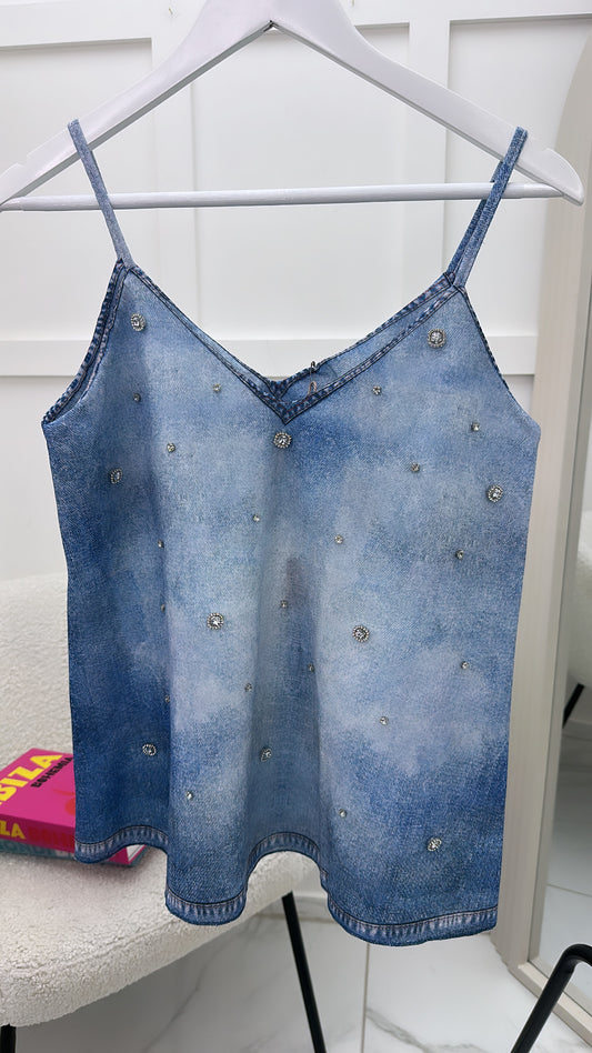 DARA blue denim look cami with silver embellishment