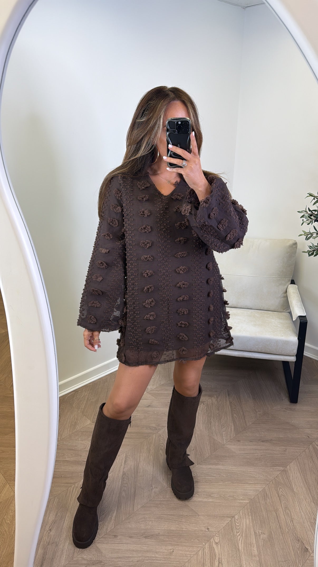 KARA brown mesh mini shift dress