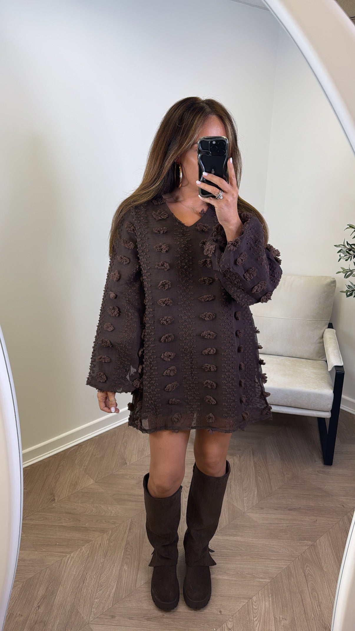 KARA brown mesh mini shift dress