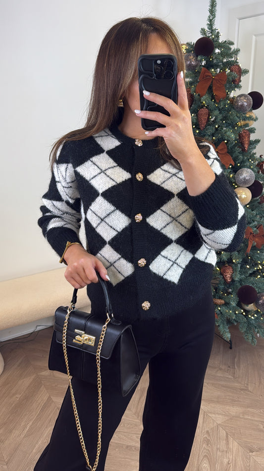 CHER black and white argyle cardigan with gold buttons
