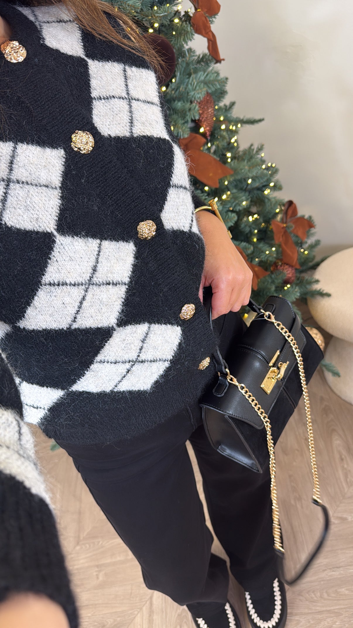 CHER black and white argyle cardigan with gold buttons