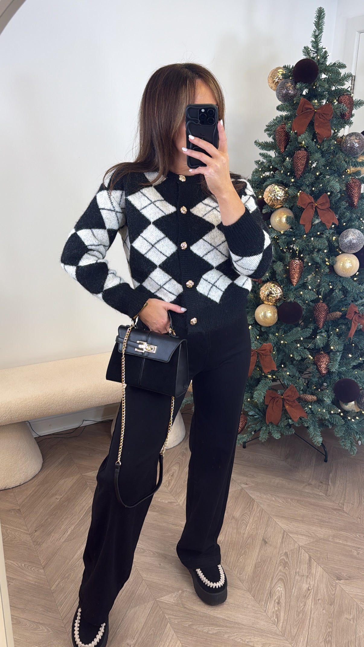 CHER black and white argyle cardigan with gold buttons