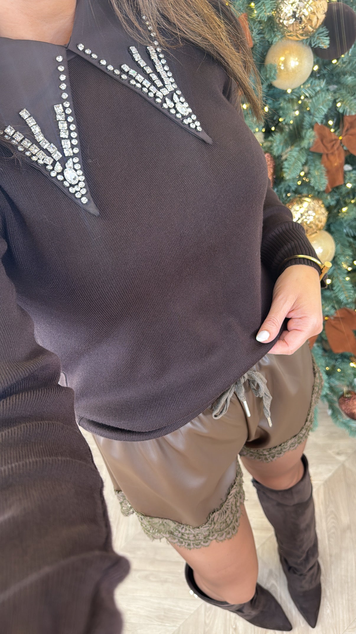 EMMIE dark brown jewel collar jumper