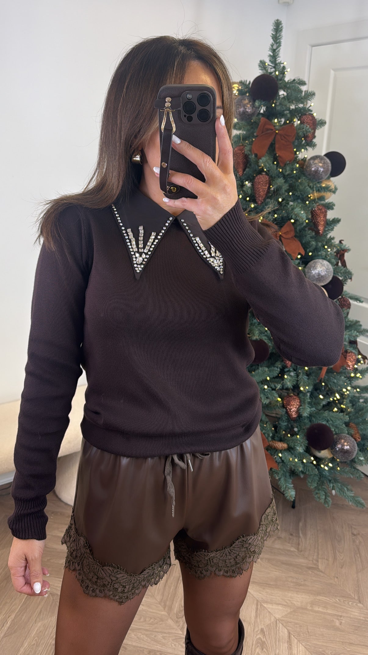EMMIE dark brown jewel collar jumper