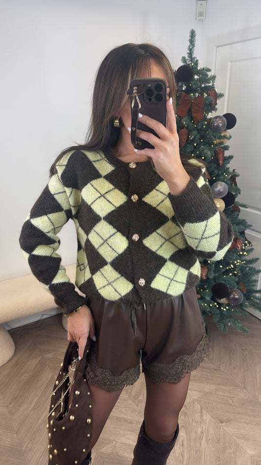 CHER brown and yellow argyle cardigan with gold buttons
