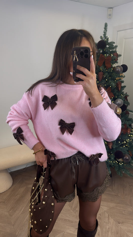 LYDIA pink soft knit jumper with brown bows