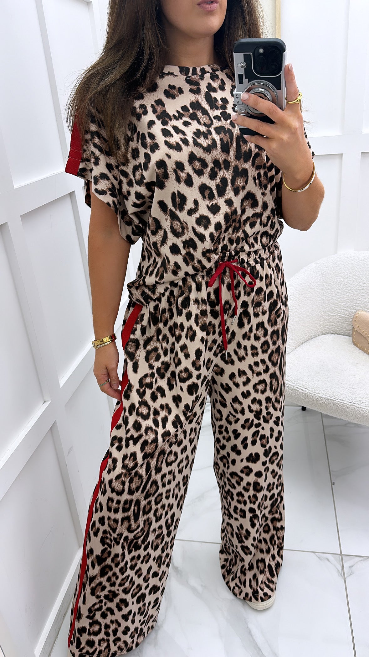 BECCA leopard print top and trousers co-ord with contrast red stripe