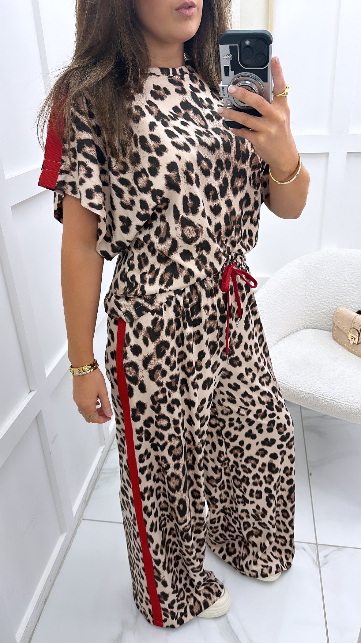 BECCA leopard print top and trousers co-ord with contrast red stripe