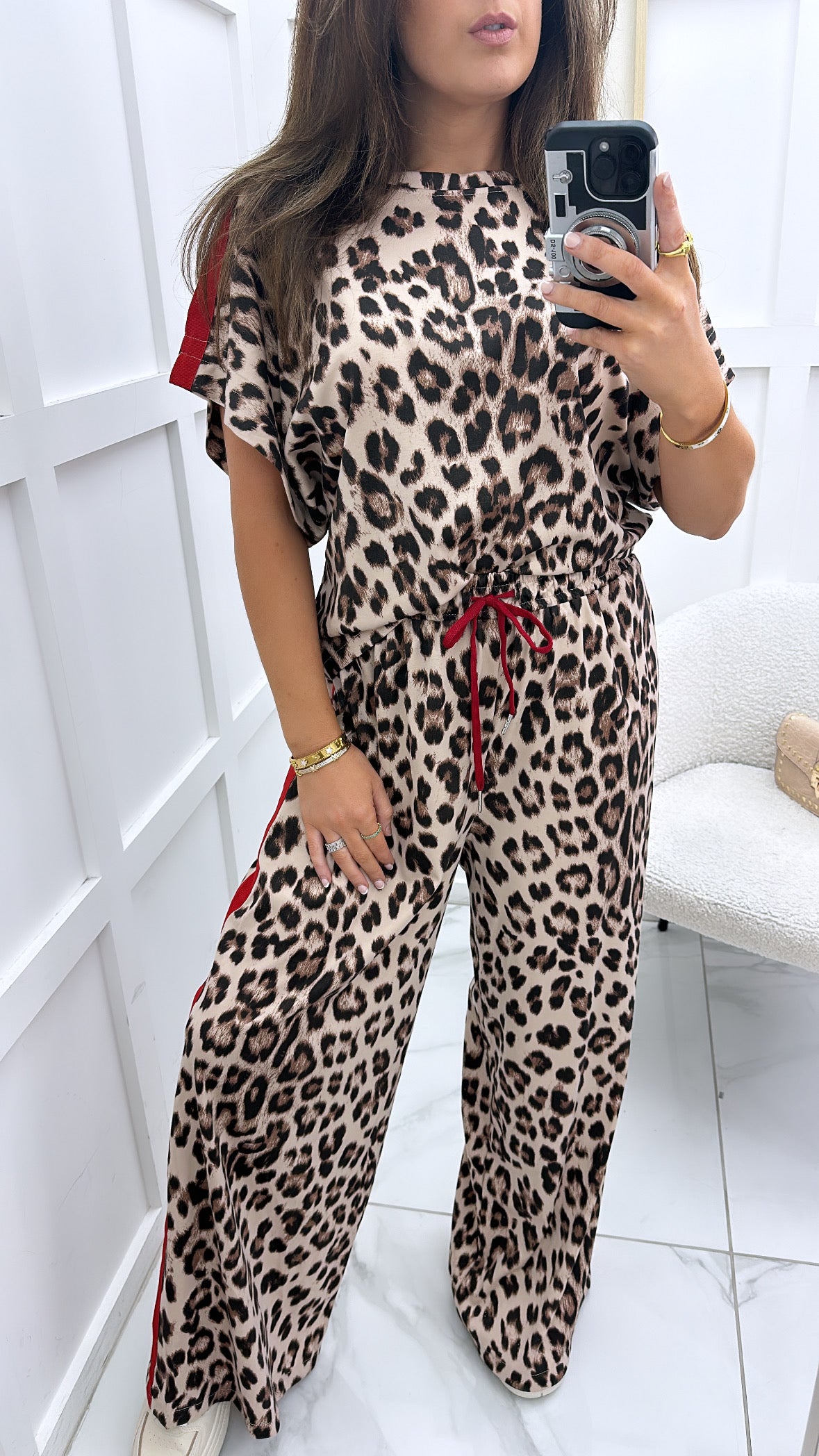 BECCA leopard print top and trousers co-ord with contrast red stripe