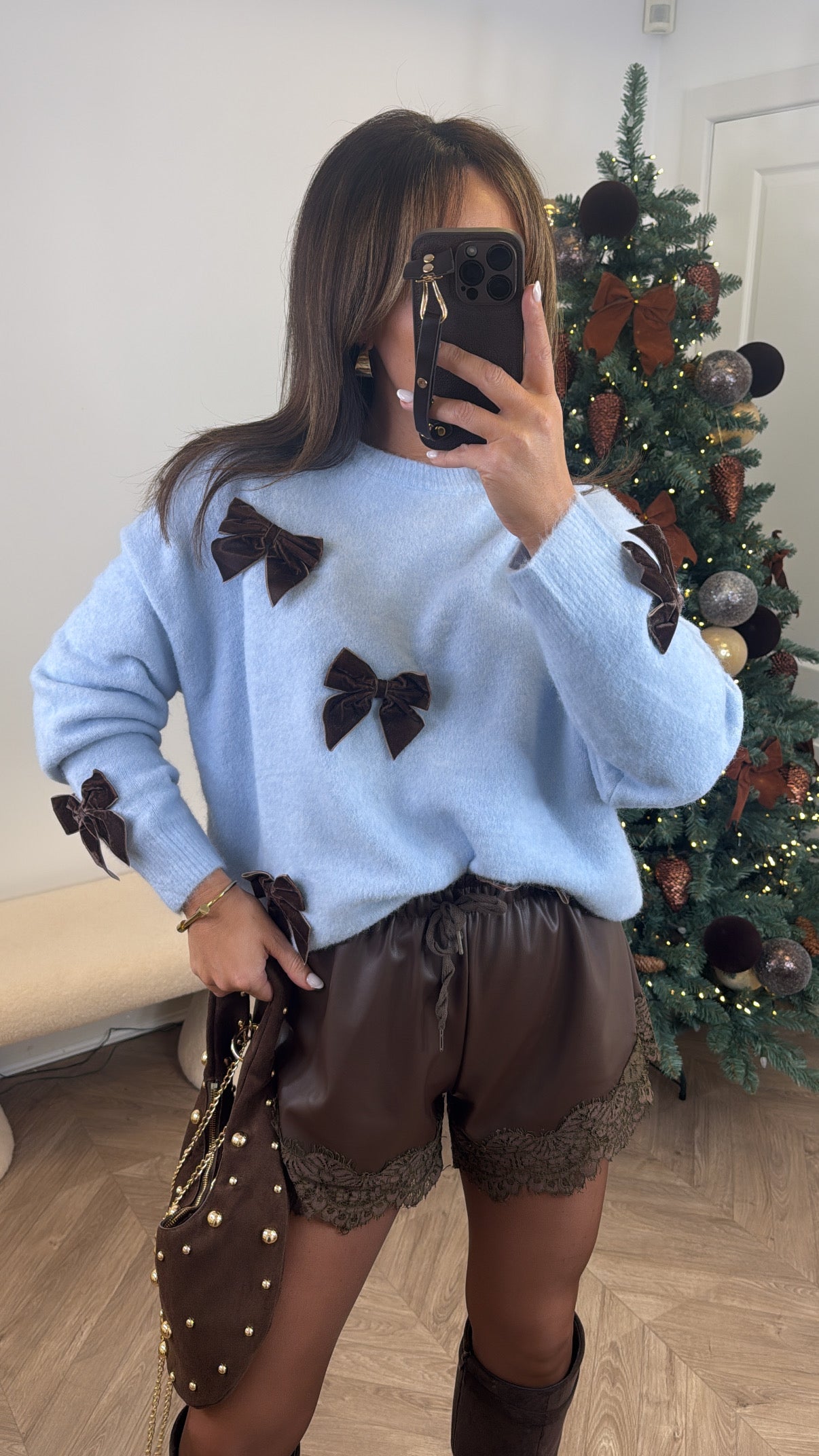 LYDIA blue soft knit jumper with brown bows