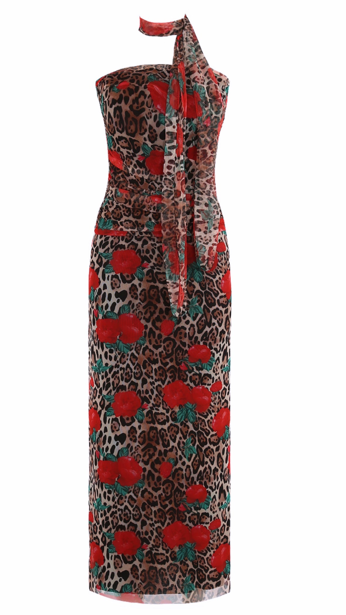 JADE leopard and red floral mesh skirt & bandeau top with neck tie