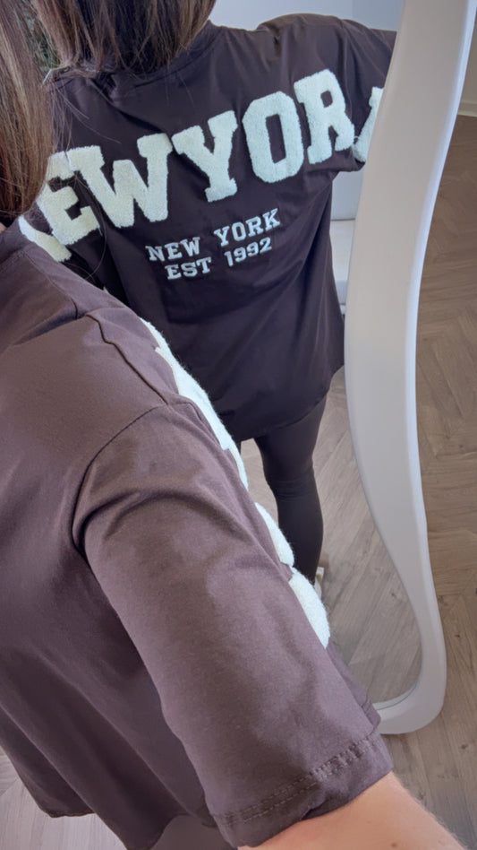 NEW YORK brown and cream borg detail tshirt