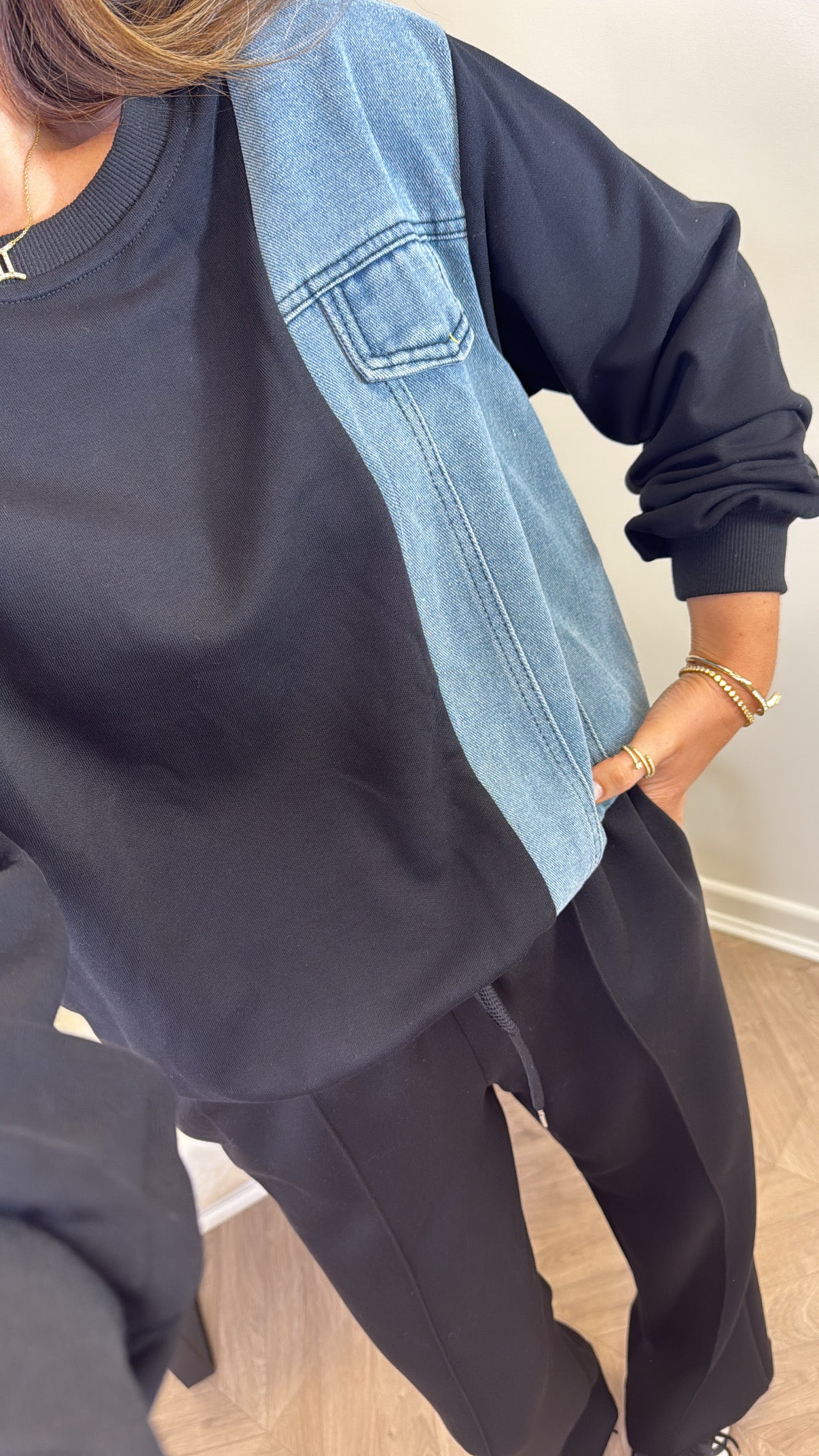 REEVA black denim contrast sweatshirt