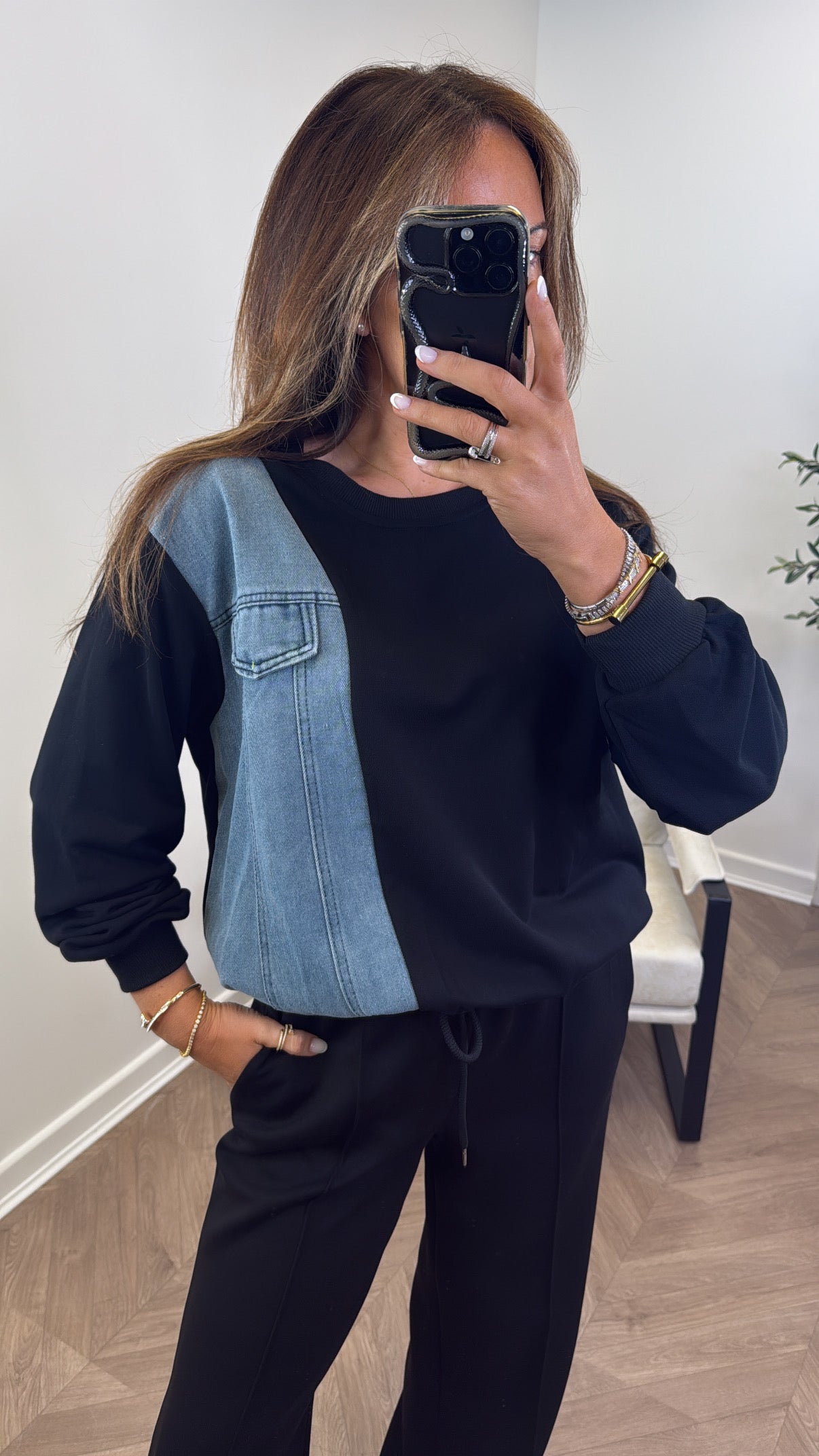 REEVA black denim contrast sweatshirt