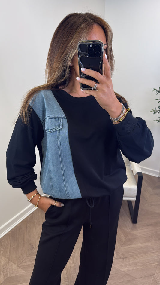 REEVA black denim contrast sweatshirt