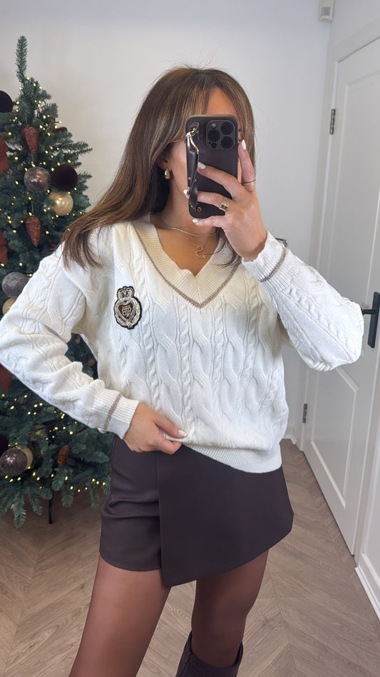 KERRIS cream badge detail v-neck jumper