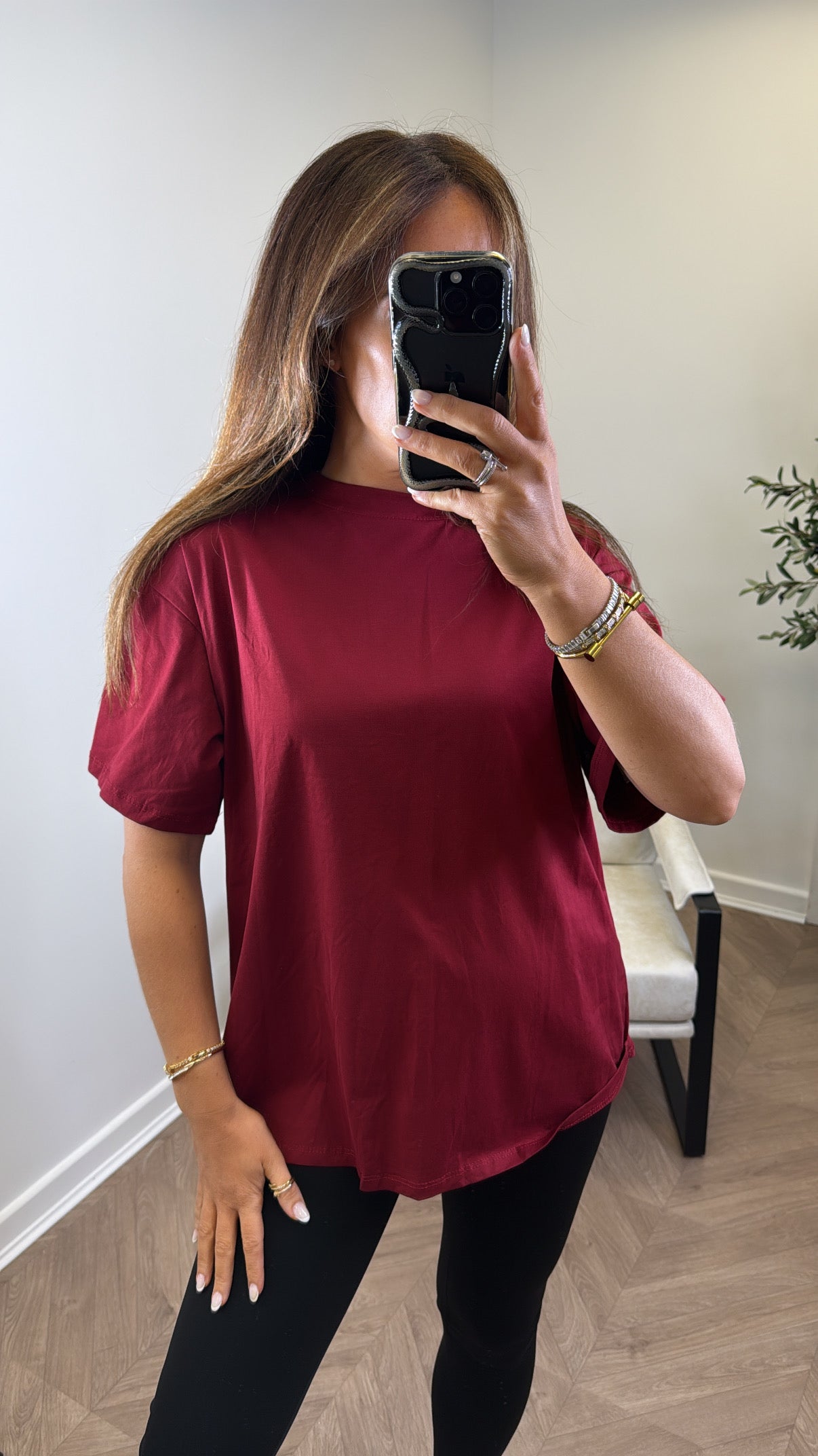 NEW YORK burgundy and cream borg detail tshirt
