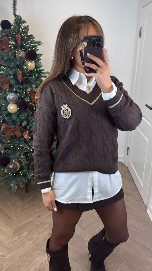KERRIS brown badge detail v-neck jumper