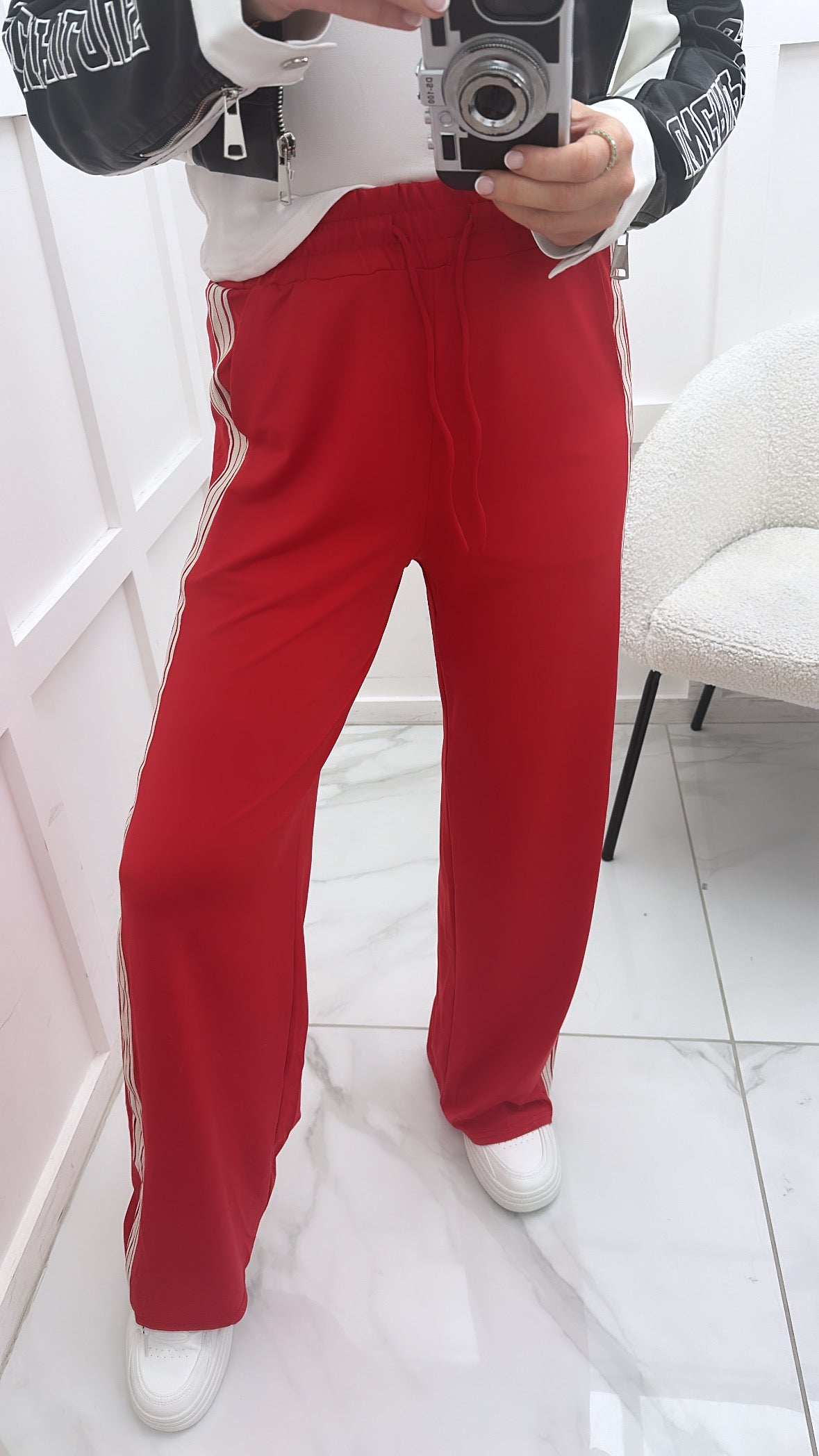 HANNAH red wide leg trousers with contrast side stripe