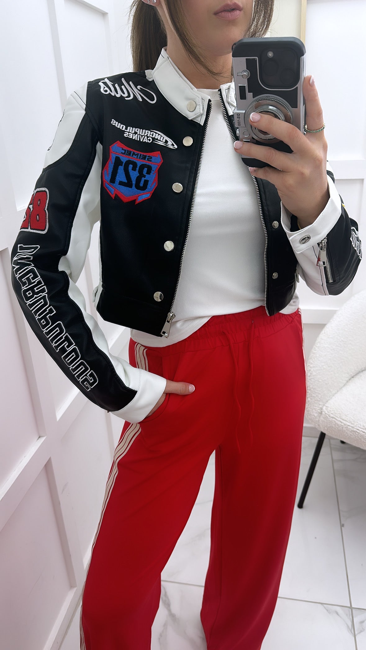 MELISSA black cropped racing biker jacket