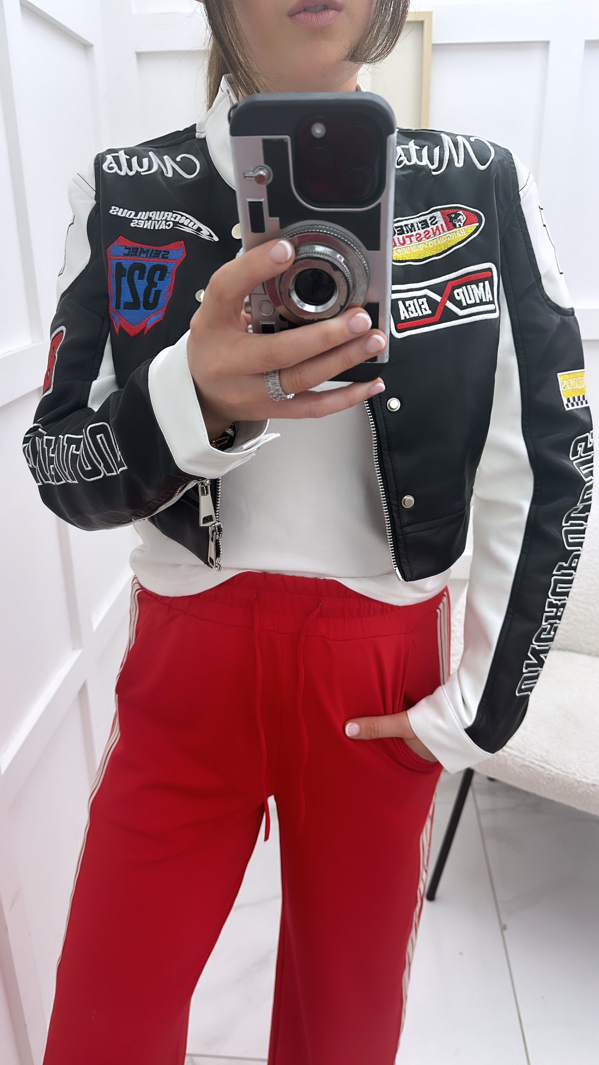 MELISSA black cropped racing biker jacket