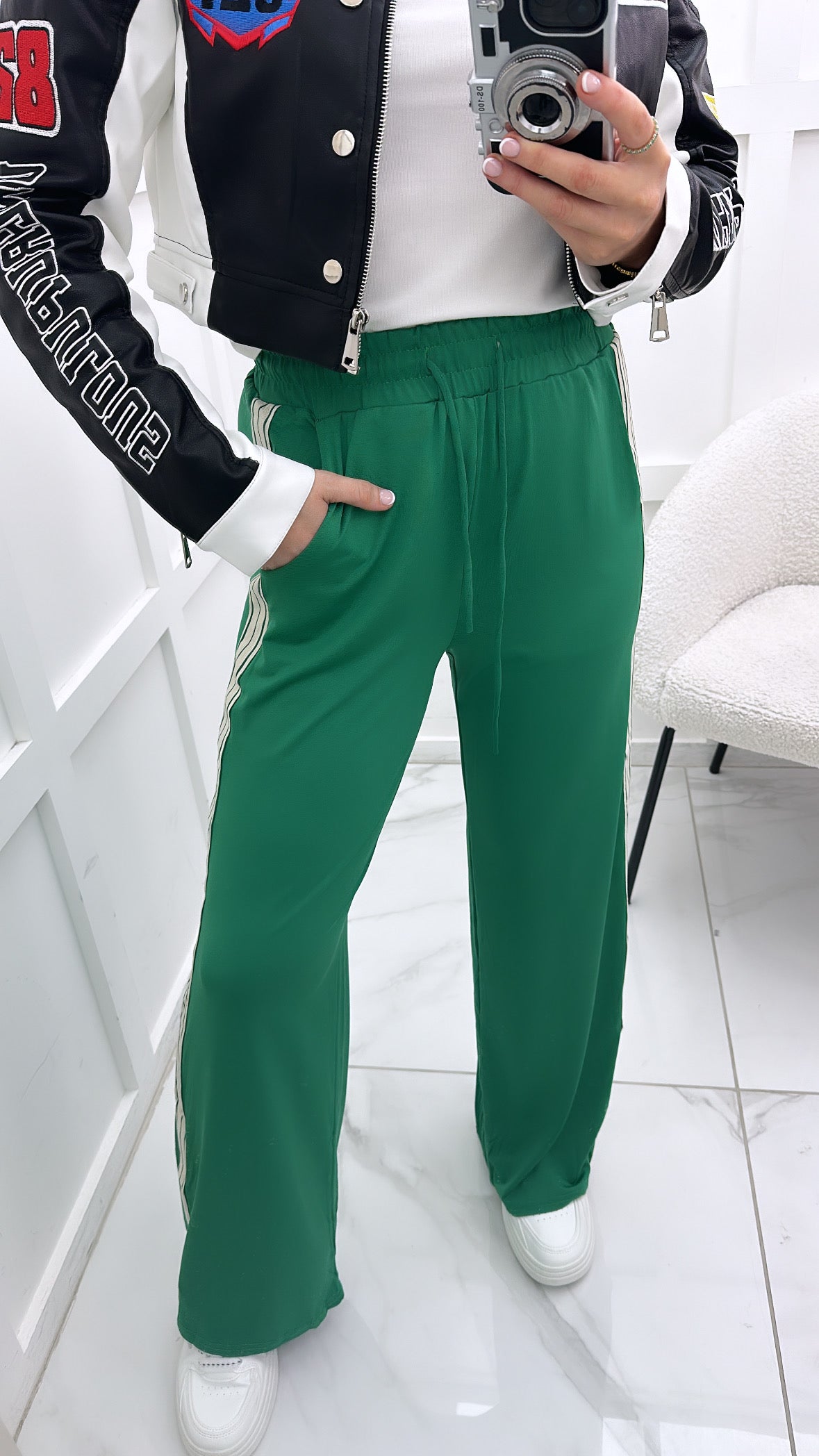 HANNAH green wide leg trousers with contrast side stripe