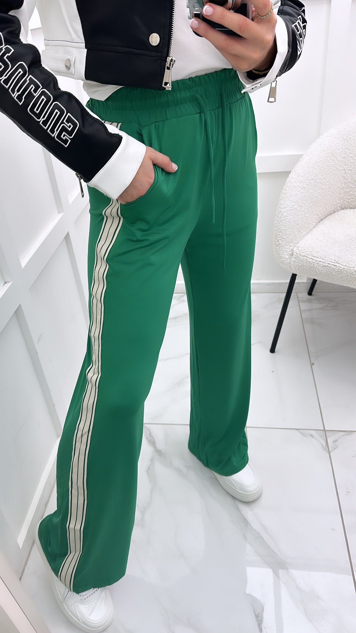 HANNAH green wide leg trousers with contrast side stripe