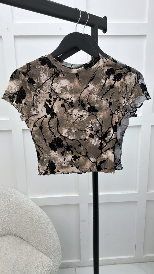 LARNA taupe oriental print mesh crop top