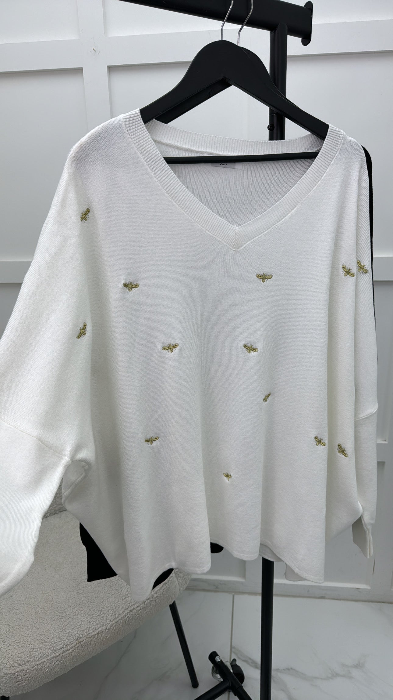 BELLA white soft knit jumper with gold bee embroidery