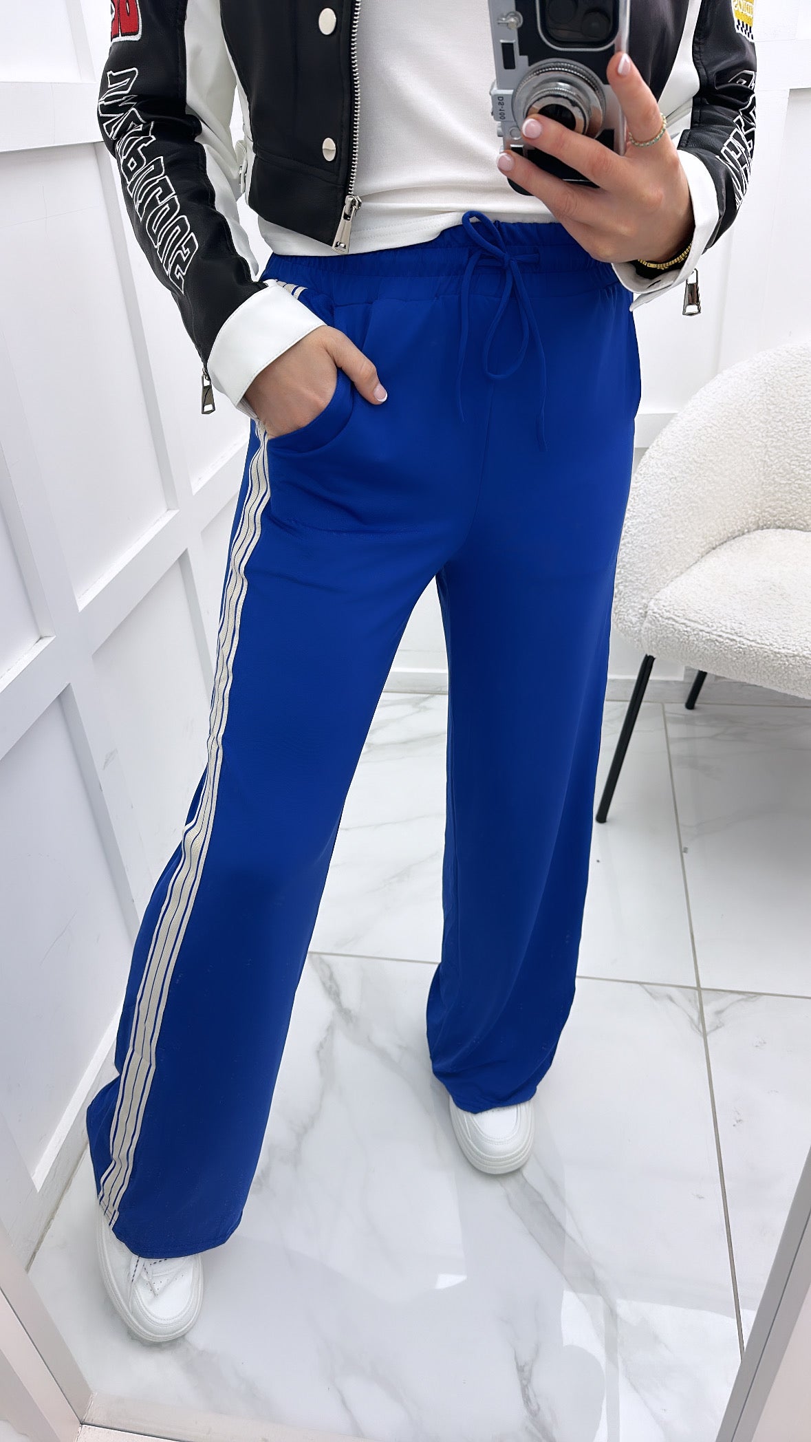 HANNAH blue wide leg trousers with contrast side stripe