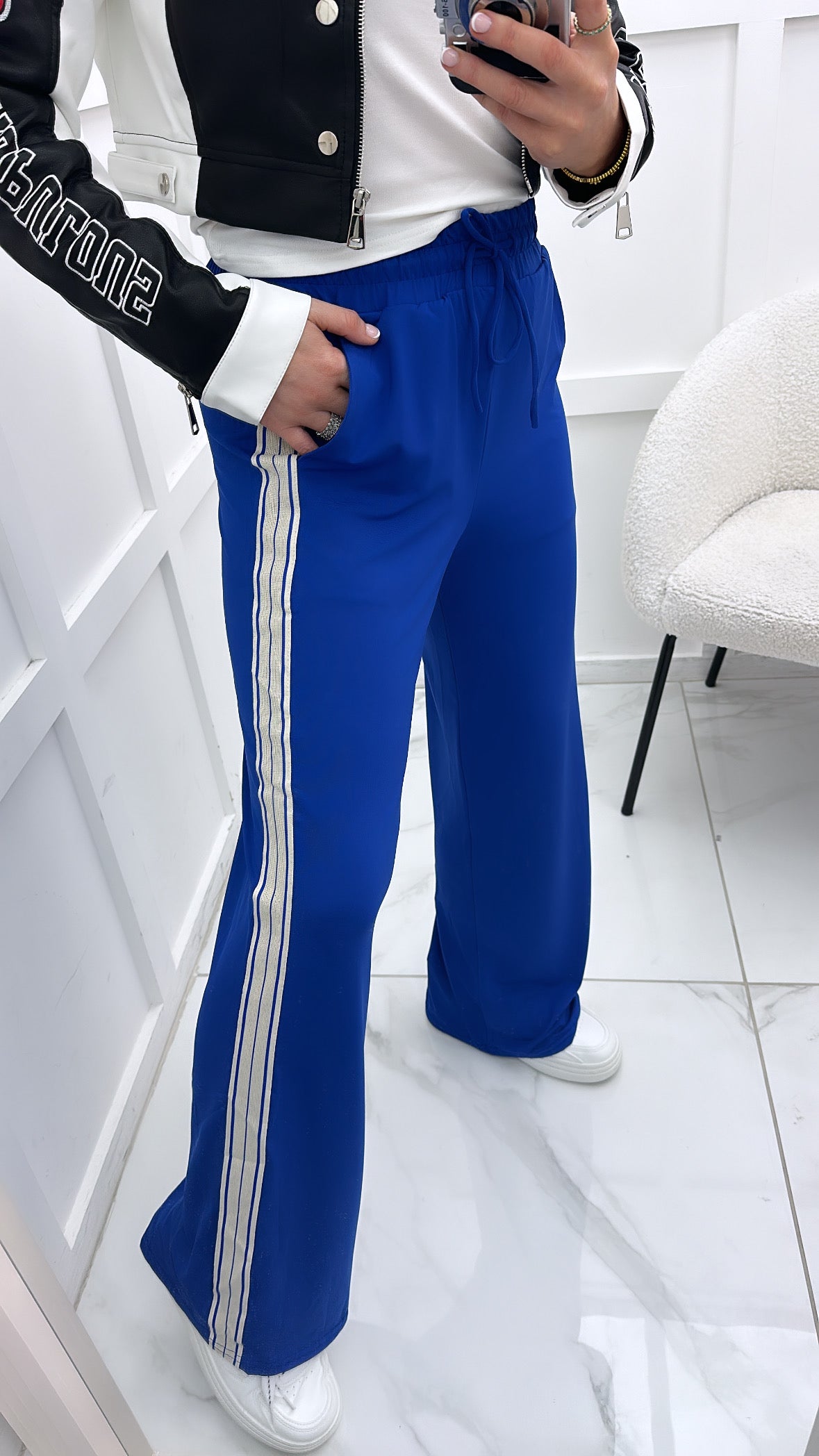 HANNAH blue wide leg trousers with contrast side stripe