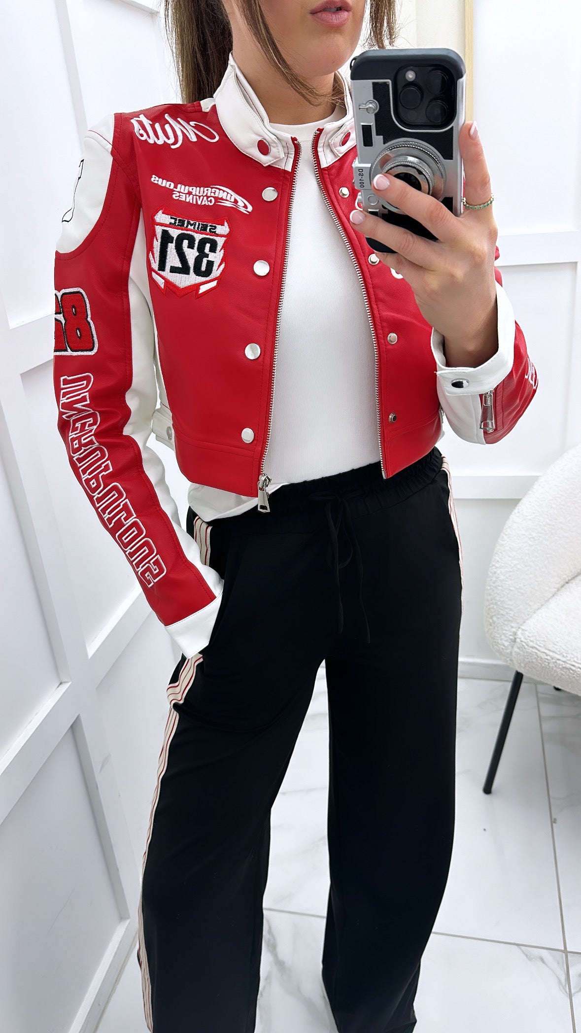 MELISSA red cropped racing biker jacket