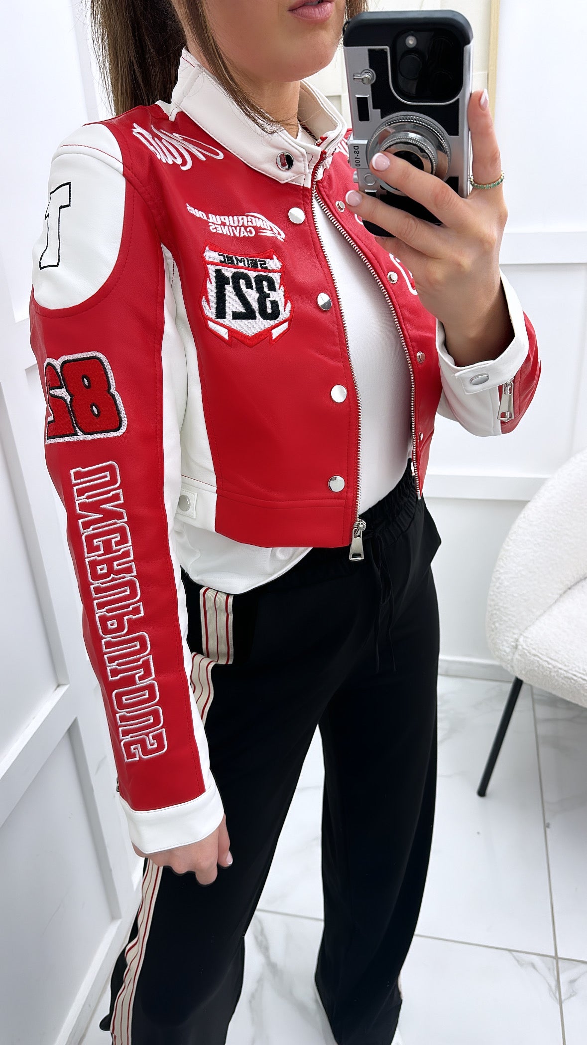 MELISSA red cropped racing biker jacket