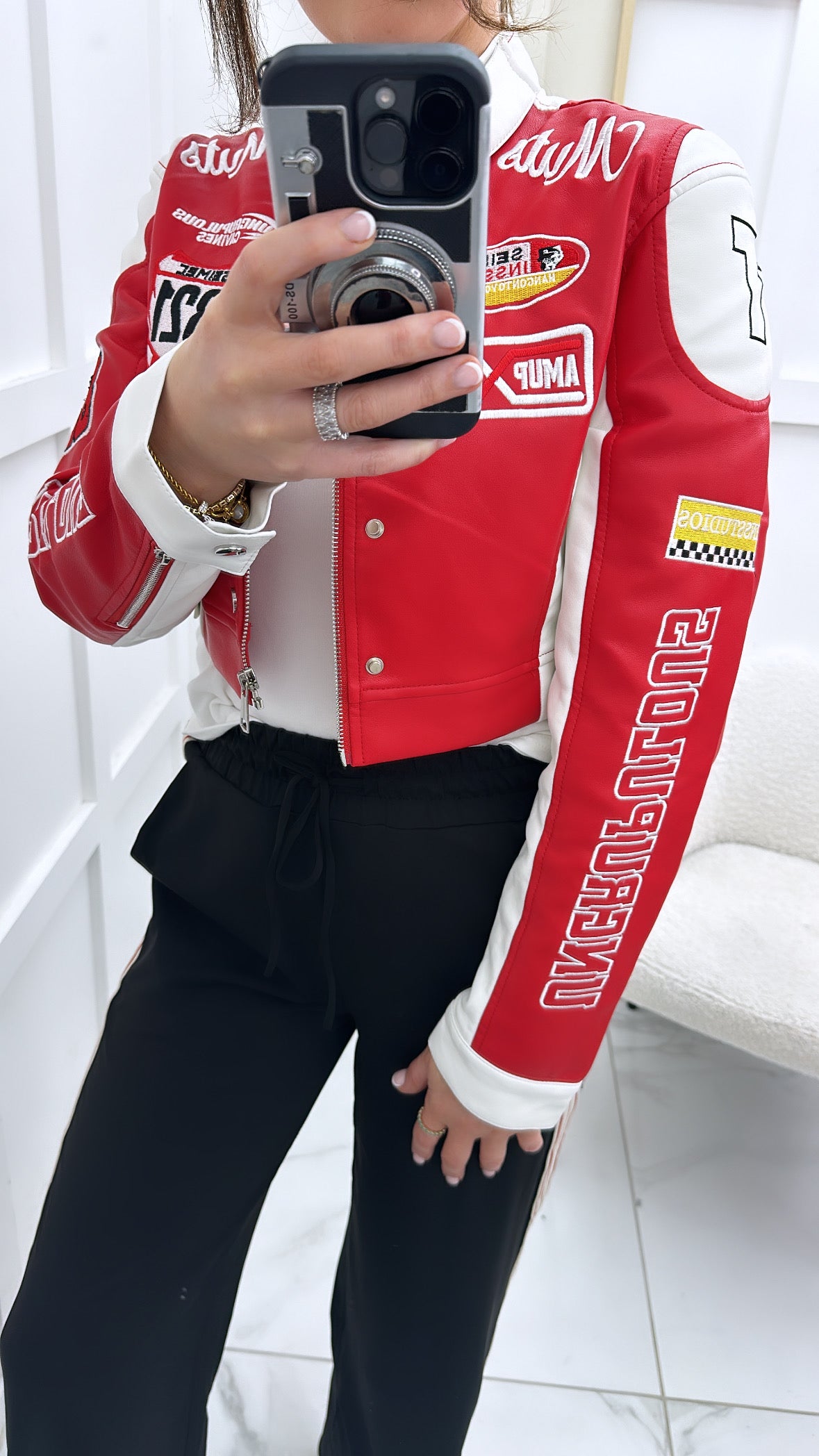 MELISSA red cropped racing biker jacket