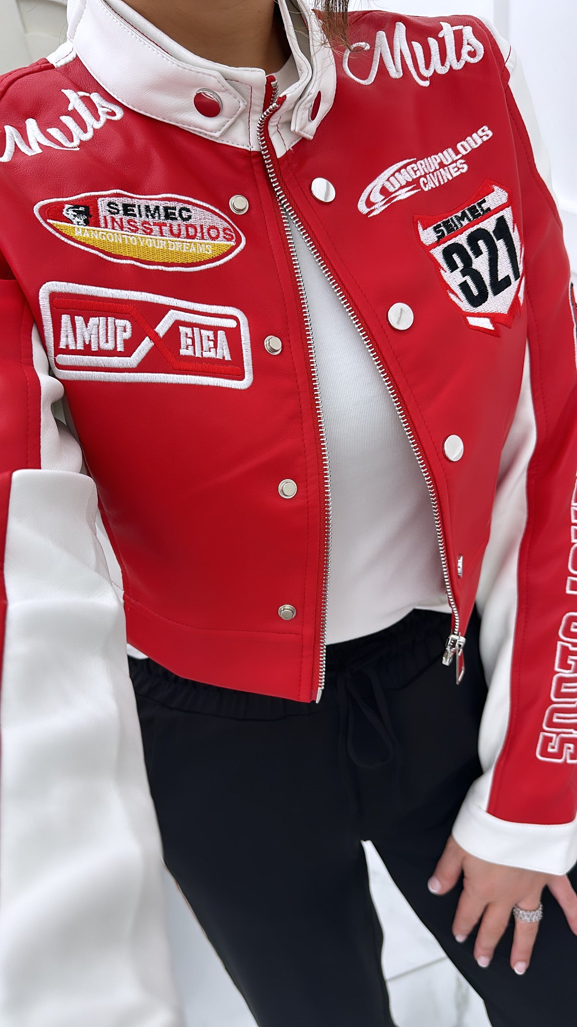 MELISSA red cropped racing biker jacket