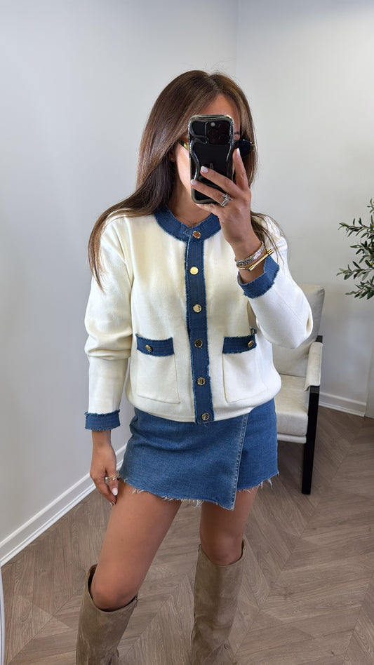 CARRIE cream cardigan with denim contrast