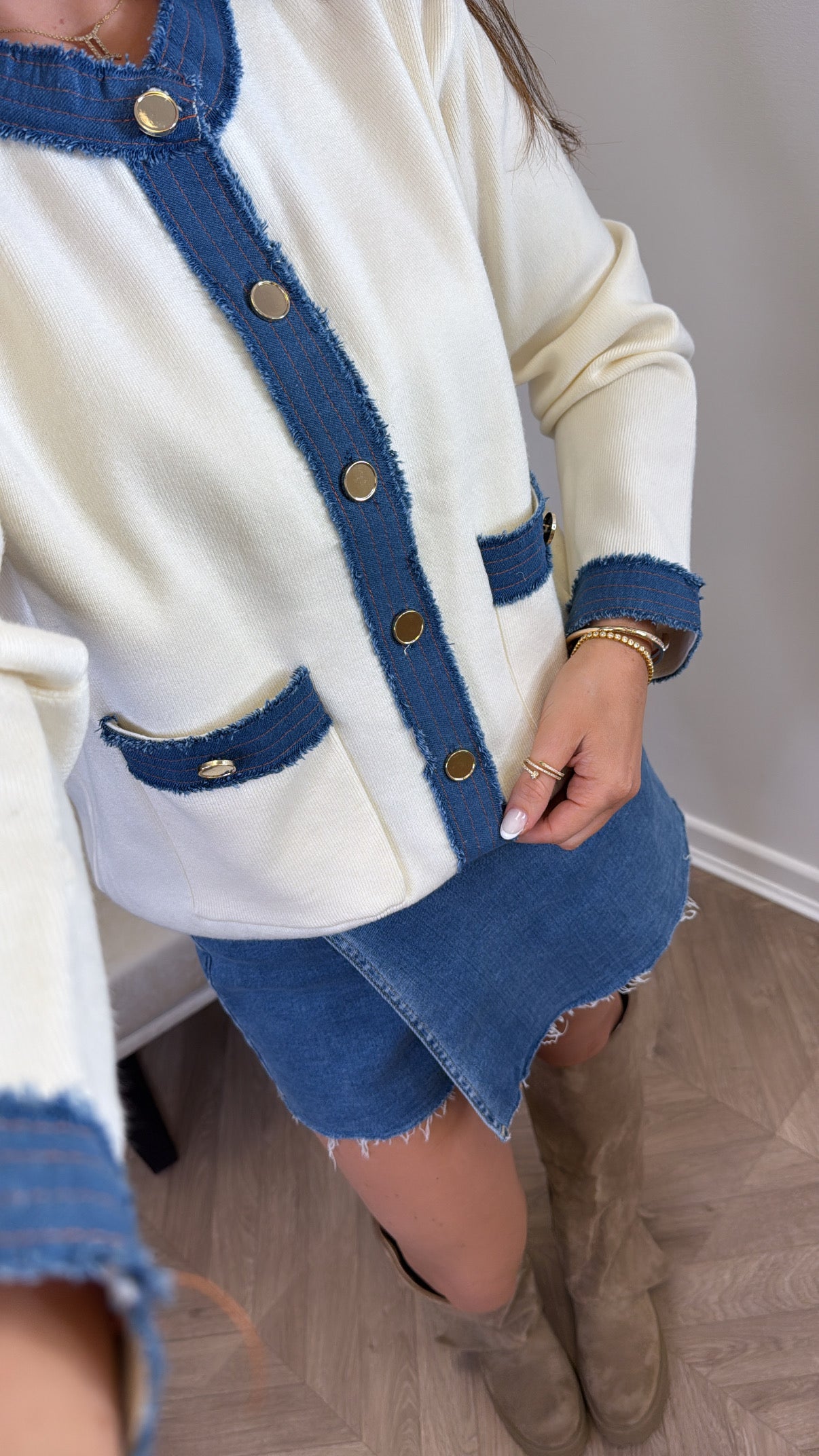 CARRIE cream cardigan with denim contrast