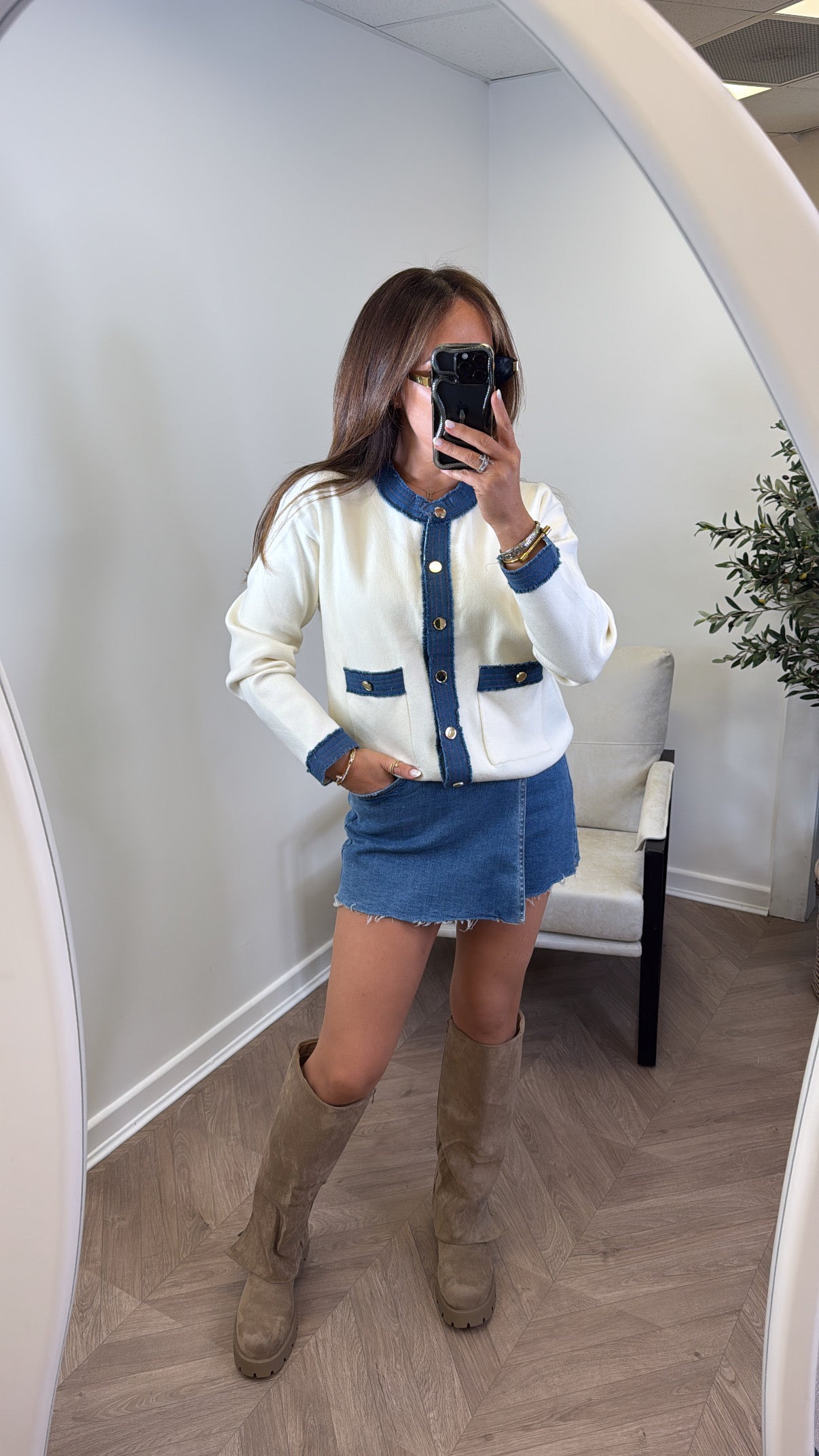 CARRIE cream cardigan with denim contrast