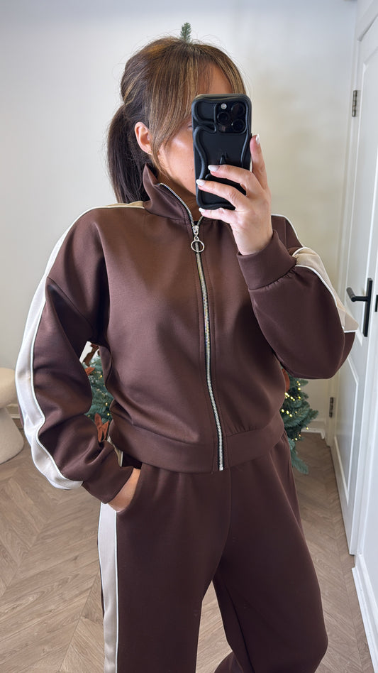 ISABELLA brown contrast zip up lounge set