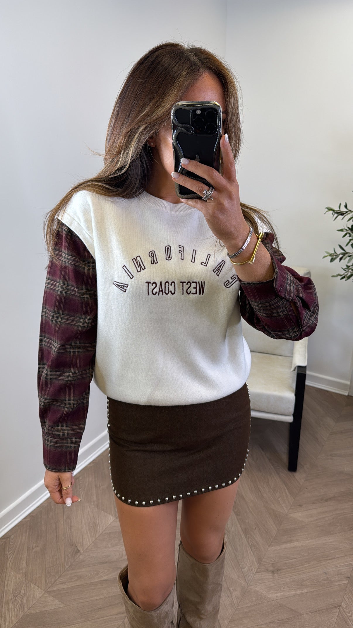 CALIFORNIA cream jumper with checked sleeves