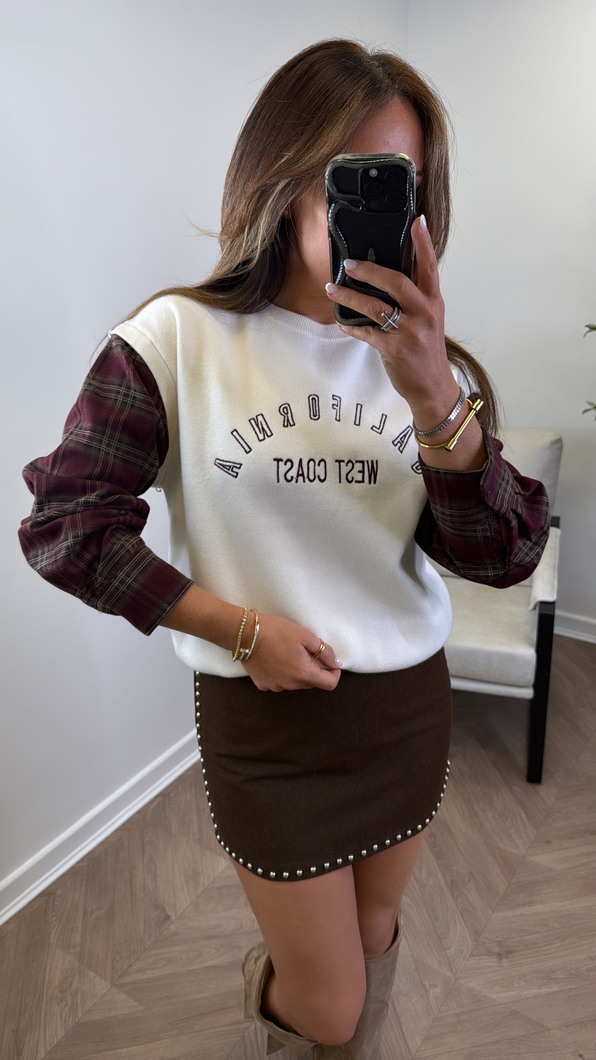 CALIFORNIA cream jumper with checked sleeves