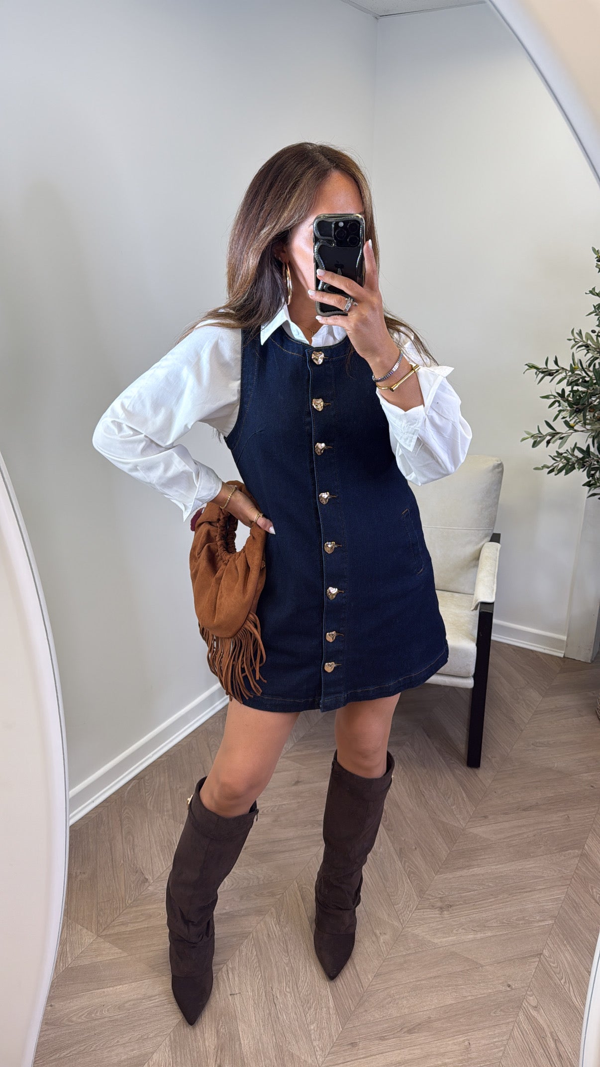 GABBIE indigo blue denim dress with gold buttons