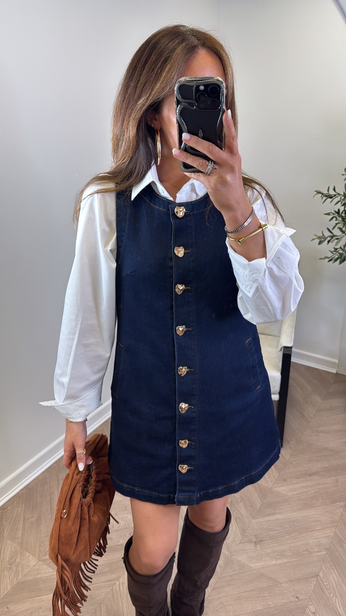 GABBIE indigo blue denim dress with gold buttons