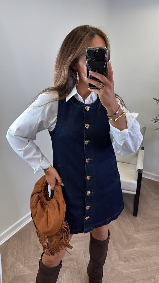 GABBIE indigo blue denim dress with gold buttons